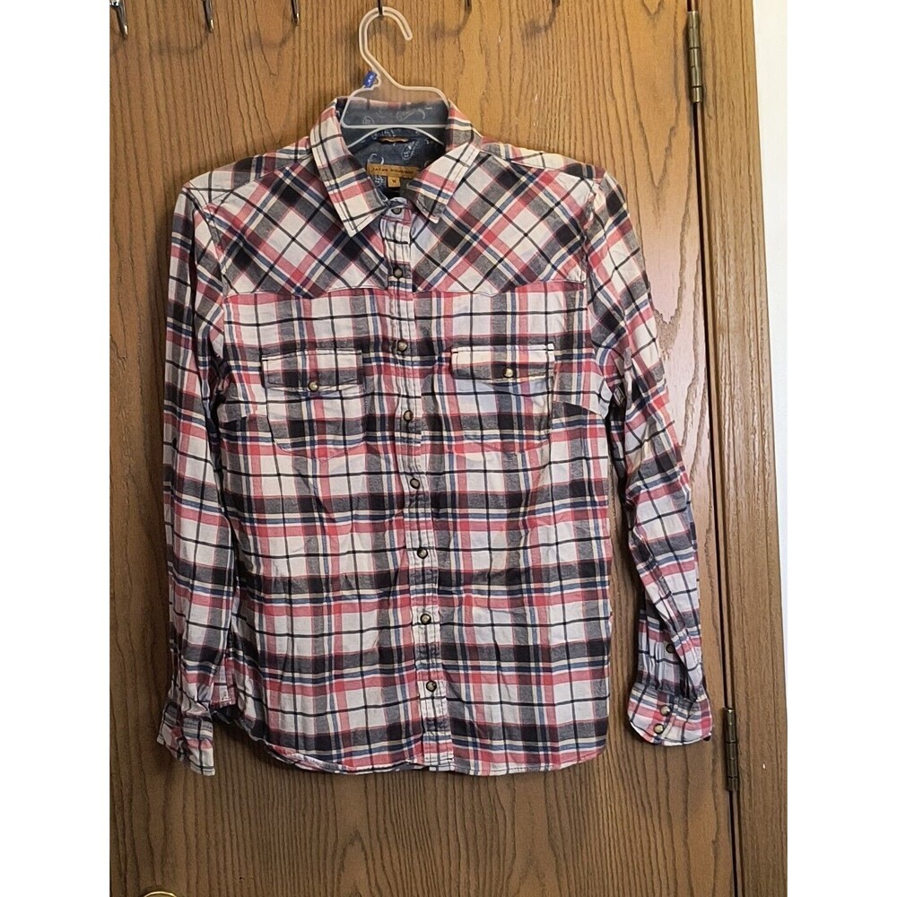 Jachs Girlfriend Western Shirt Womens M Bea Pink Blue Plaid Flannel Pearl Snaps